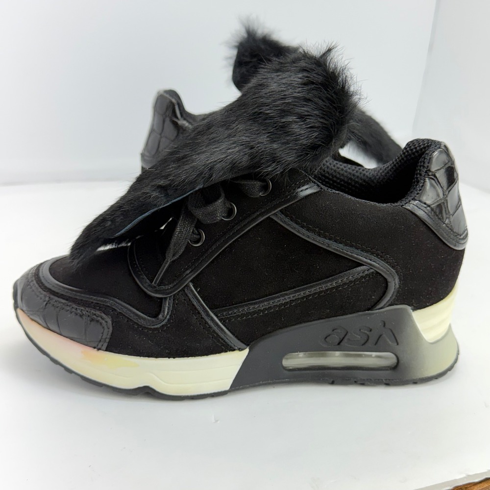 Ash Wedge Sneakers Women 36(6) Black Faux Fur Croc Embossed Suede Platform Shoes